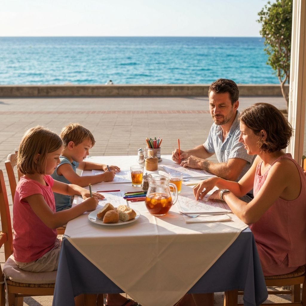 Kids coloring at Mediterranean seaside restaurant