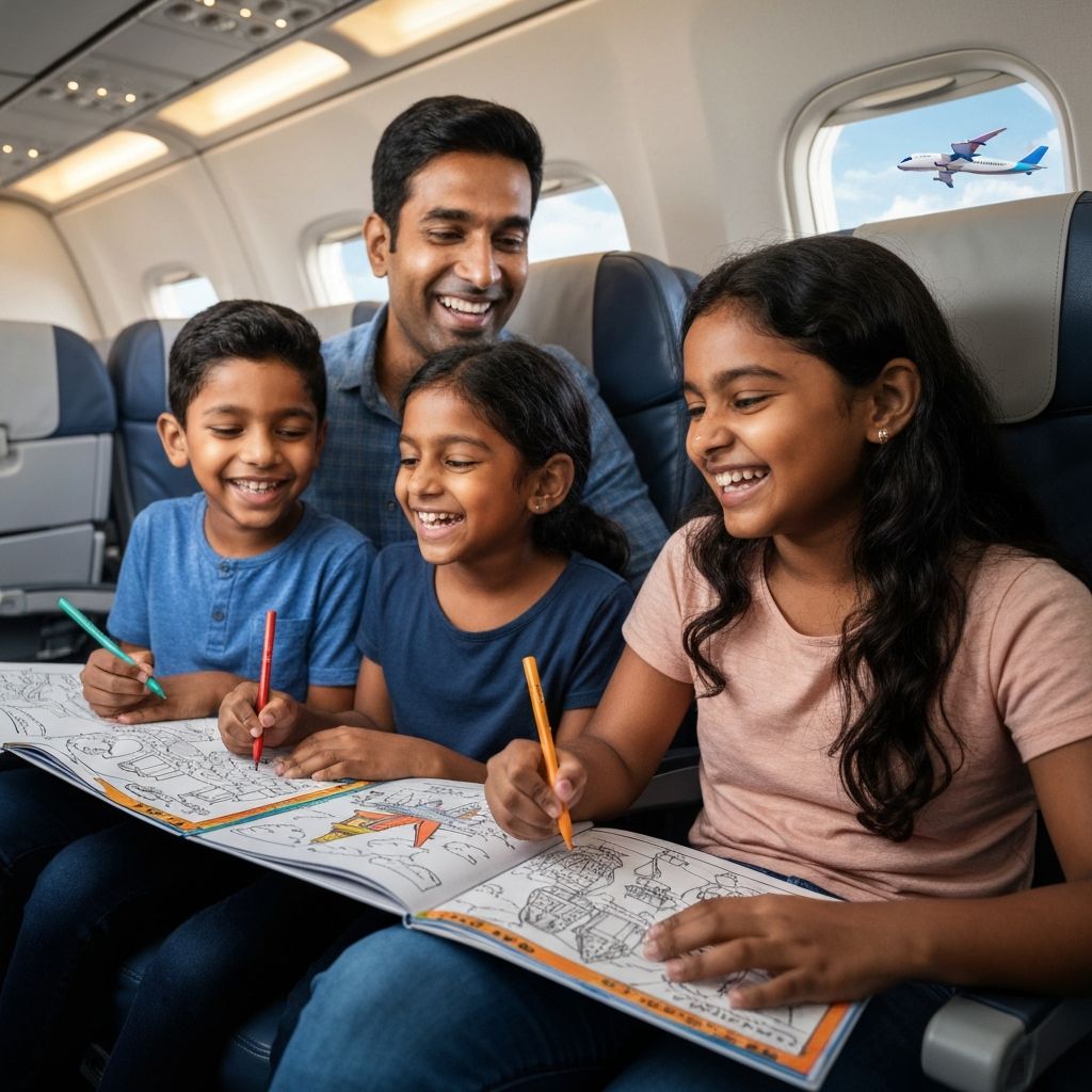 Diverse family coloring together on an airplane