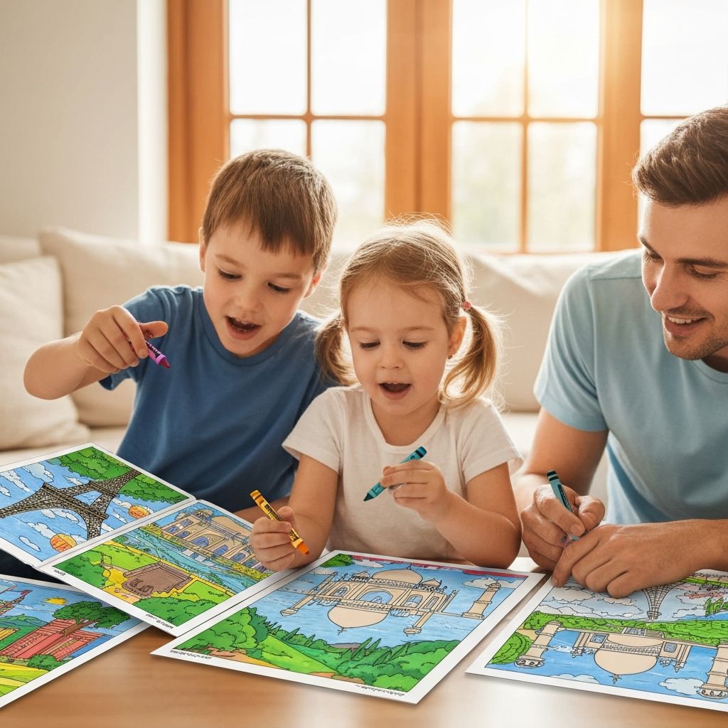 Family creating coloring books from travel photos